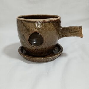 Ceramics Vintage Studio Art Pottery Bowl With Handle And Saucer